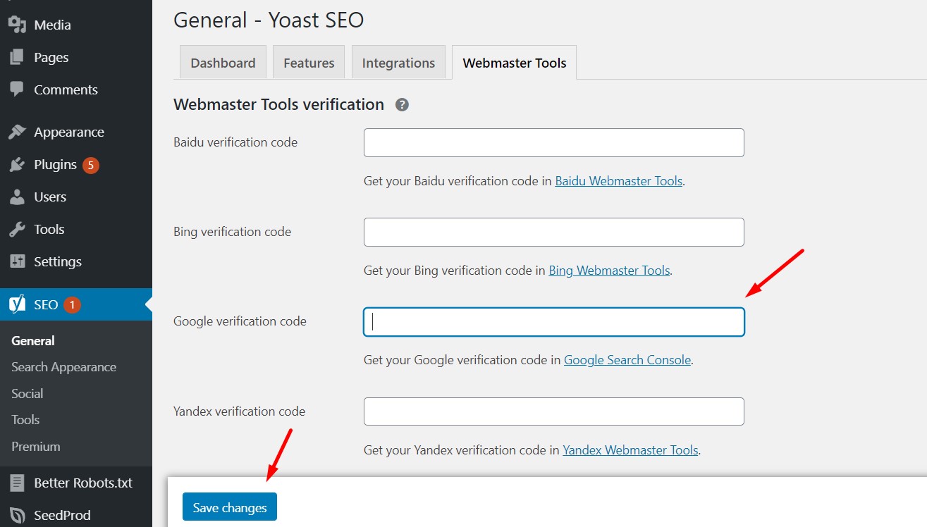 yoast seo google search console verification code