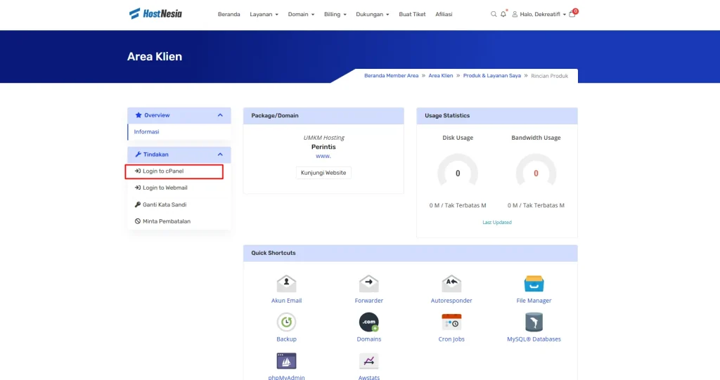login ke cpanel hostnesia