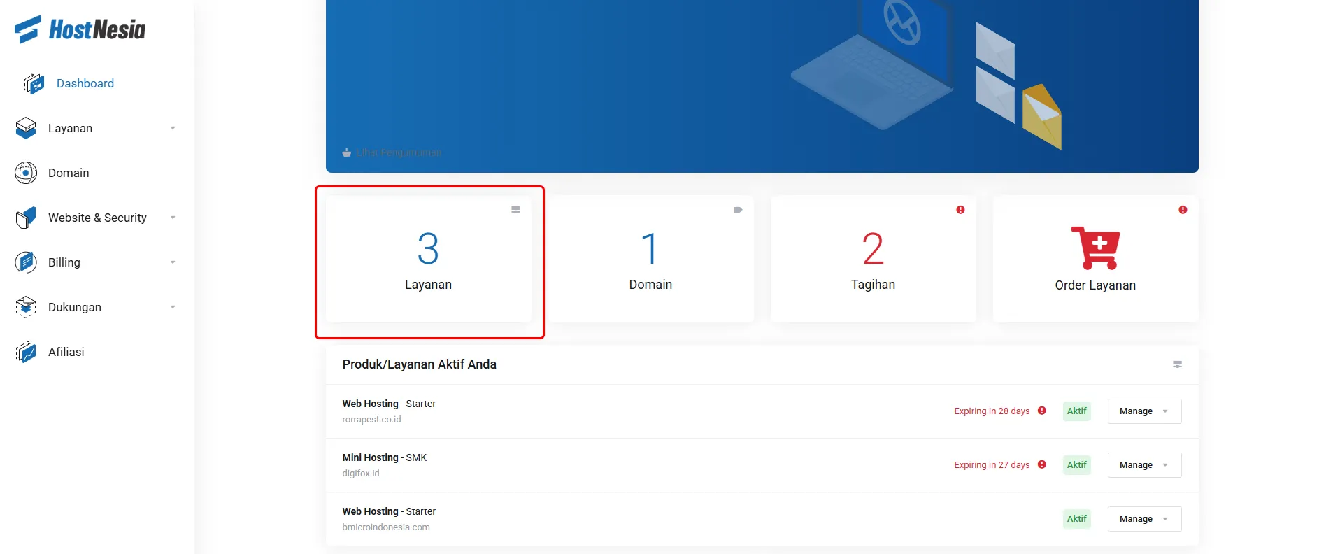 Cara upgrade & downgrade layanan hosting hostnesia