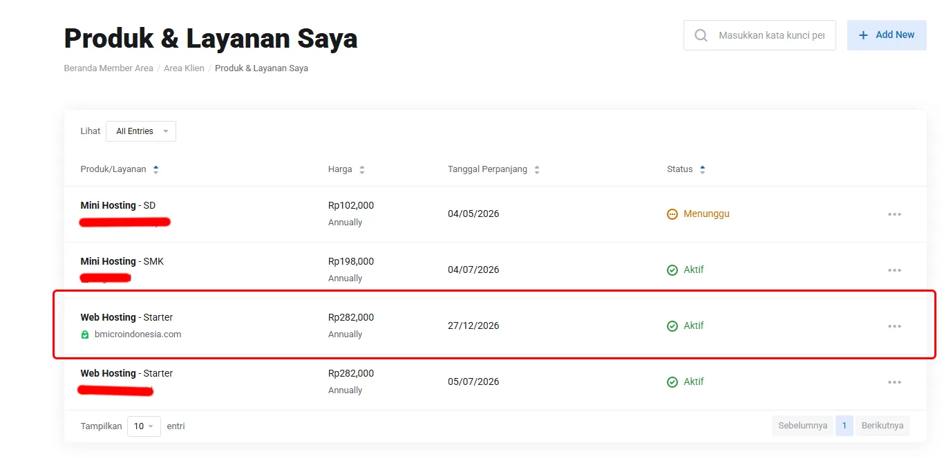 Halaman Produk & Layanan Saya HostNesia