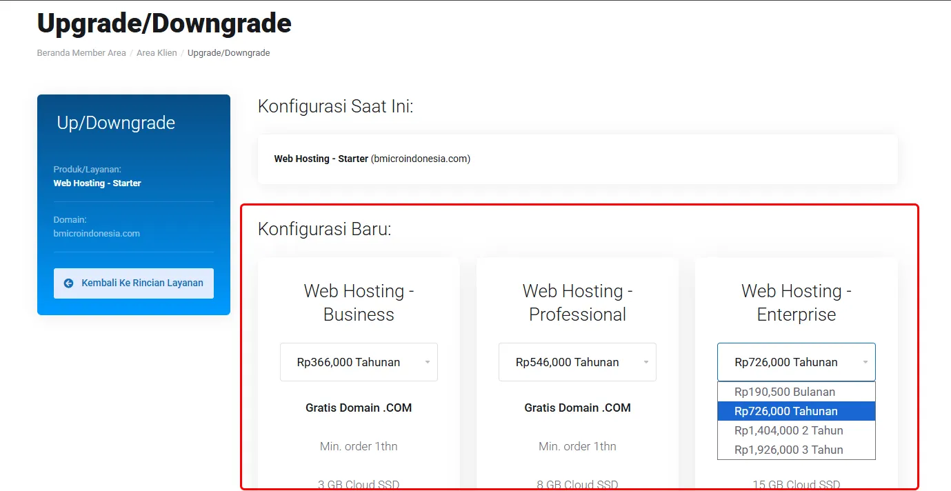 upgrade dan downgrade layanan hostnesia